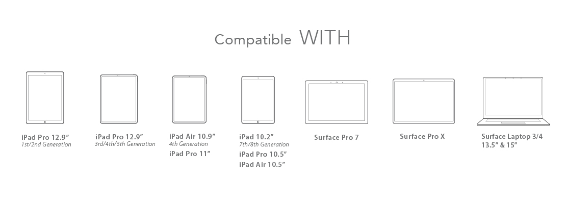 Compatible with: iPad Pro 12.9" 1/2 Generation, iPad Pro 12.9" 3/4 Generation, iPad Pro 11", iPad Pro 10.5", iPad Air 10.5", iPad 10.2", Surface Pro 7
